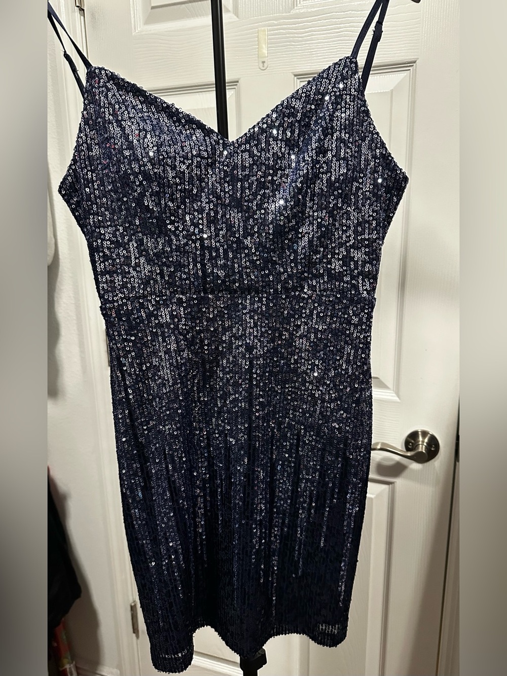 Women’s juniors Navy Sequin Spaghetti Strap Dress
